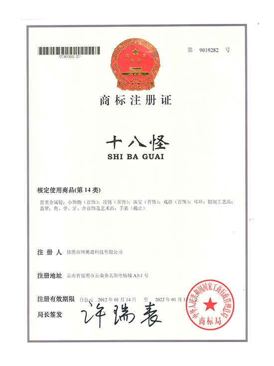 昆明市網(wǎng)翼通科技有限公司18怪商標證書